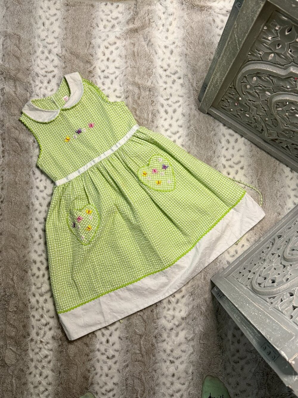Emily West green white gingham dress girls size 12 vintage inspired floral party